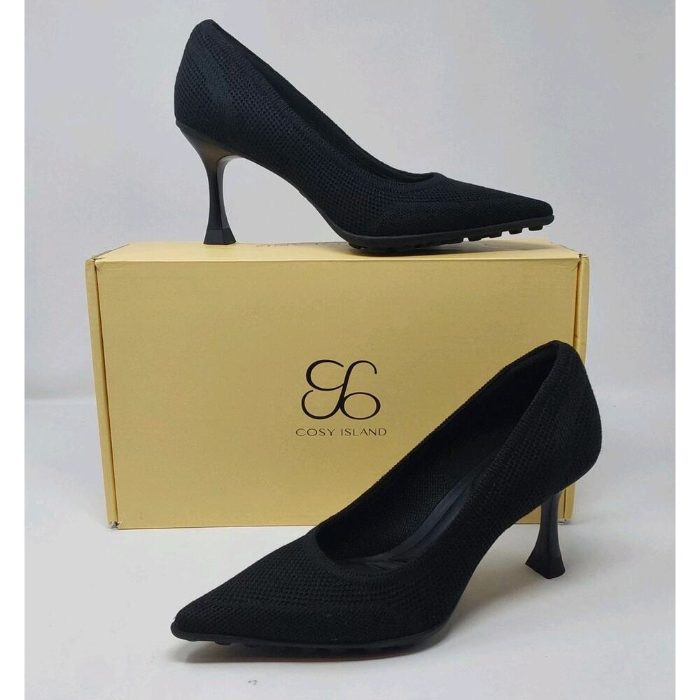 Cosy Island Black Knit Pointed Toe Heels Womens US 6 Mid Heel Pumps